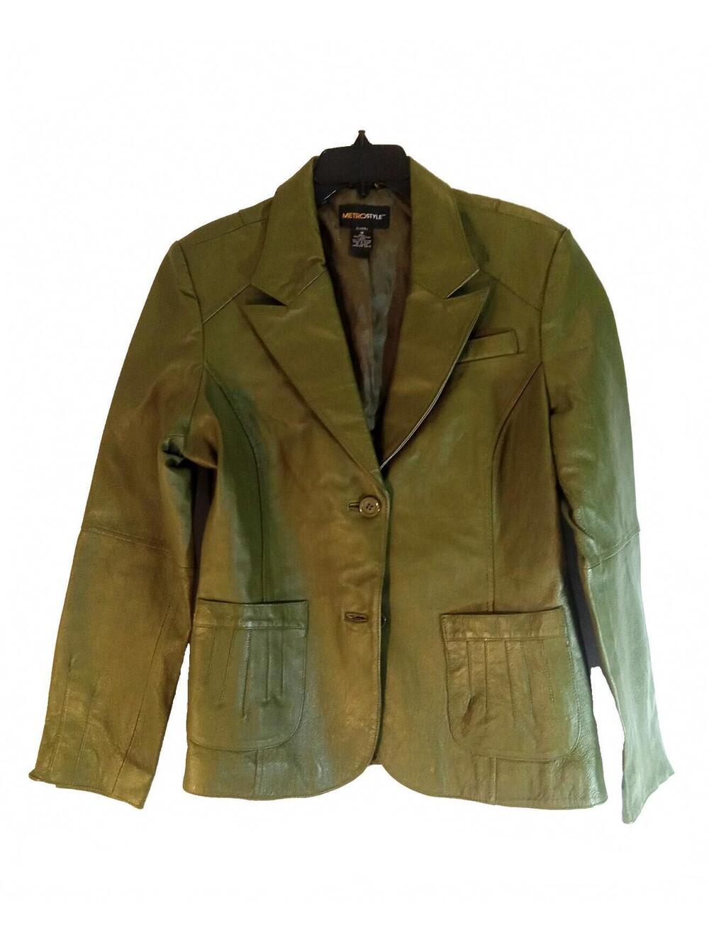 Metrostyle Genuine Leather 2 Pc Y2K Suit Set Blazer 16 Pants 12P Advocado Green